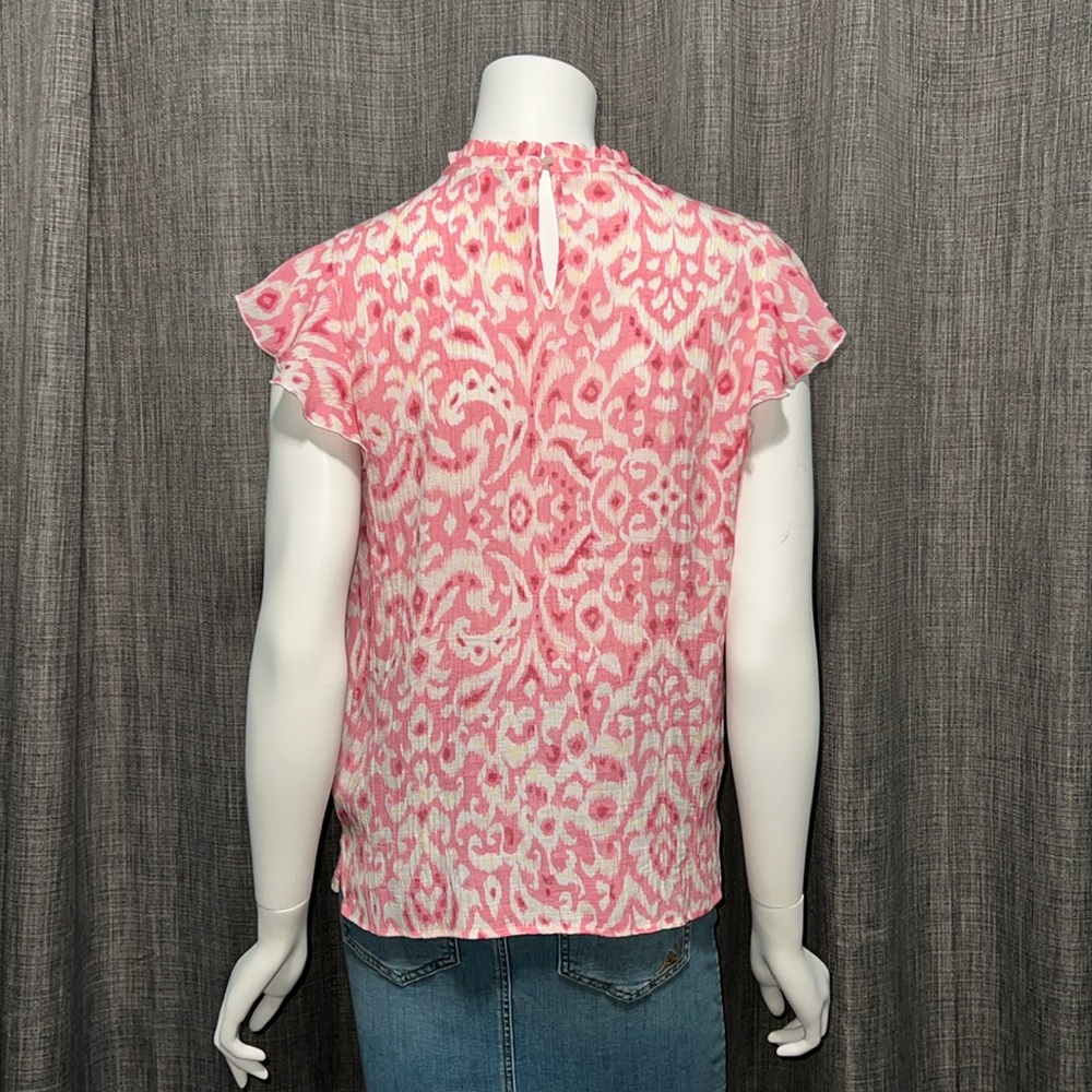 Nanette Lepore Pink and White Printed Flutter Sleeve Blouse - Picture 3 of 10